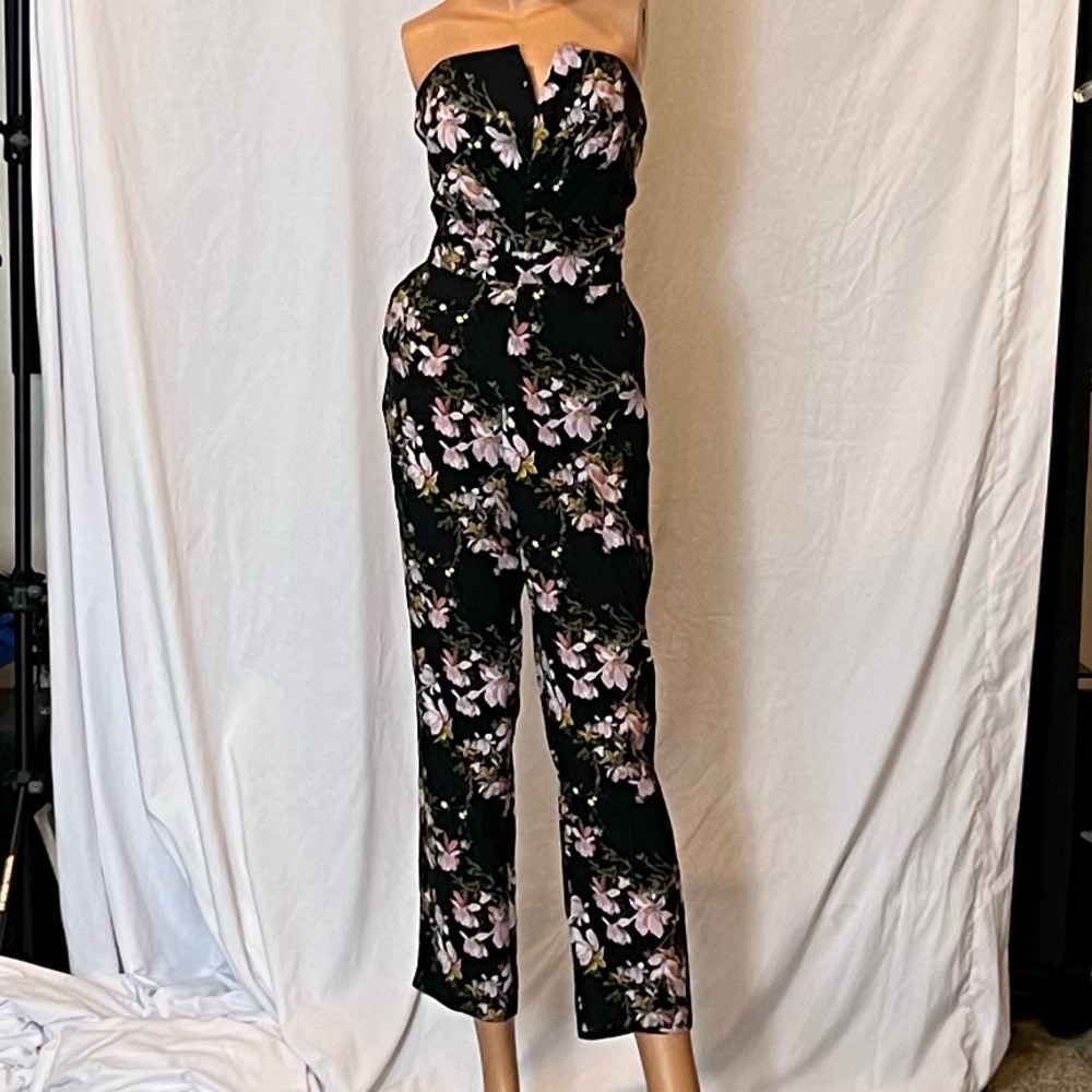 Black floral strapless jumpsuit